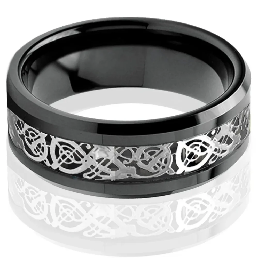Silver Tungsten Black Dragon Carbon Fiber Inlay 8mm Wide Beveled Edge Band Ring